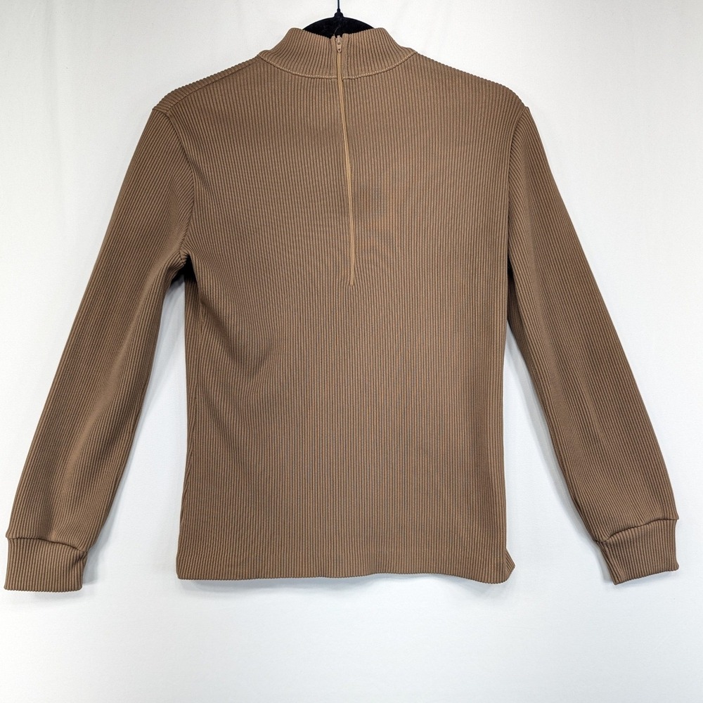 Vintage Alison Jane Brown Ribbed Mock Neck Back Zip Long Sleeve Top Size 12 USA